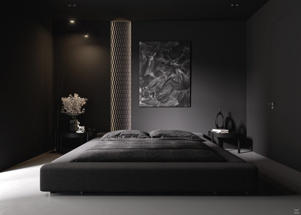 Minimalistyczna sypialnia w odcieniach czerni