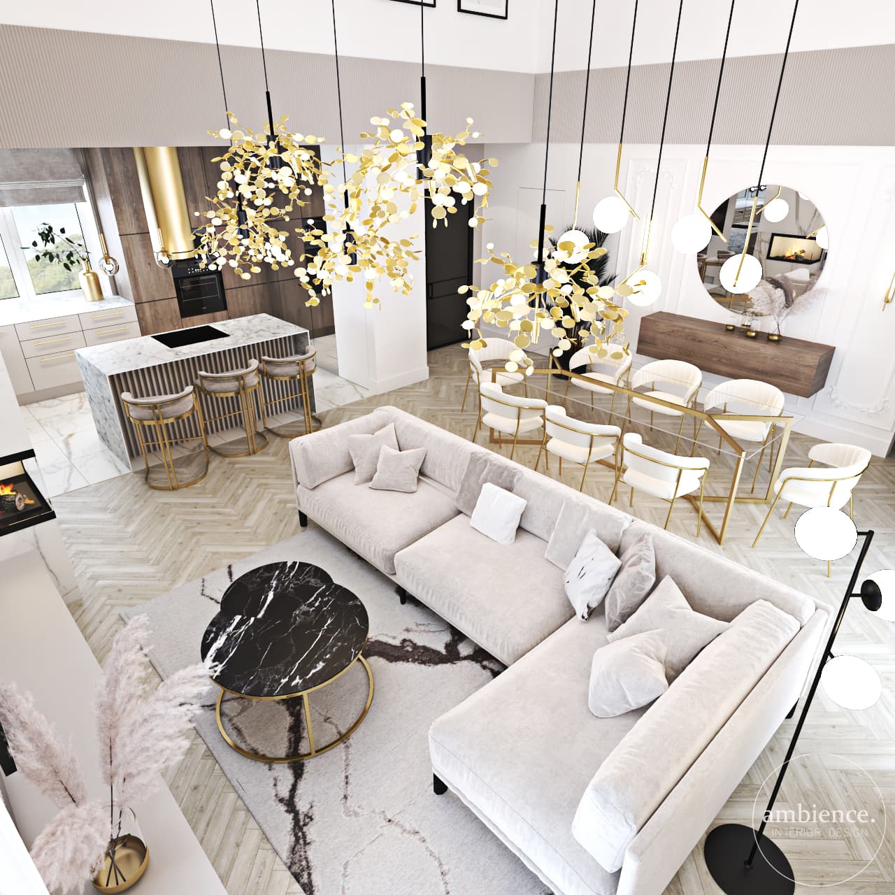 Część dzienna z wysokim sufitem